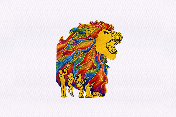 Lion with Groupies: A Vibrant Embroidery for Products